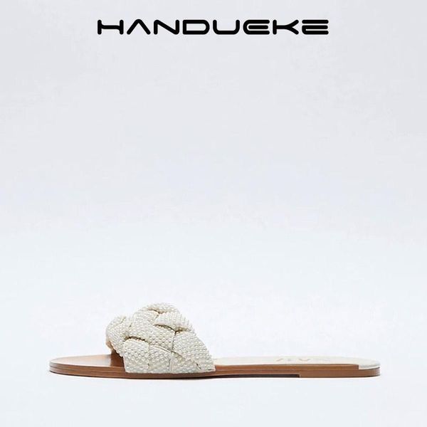 

slippers 2021 summer white faux pearl braided flat sandals female casual, Black