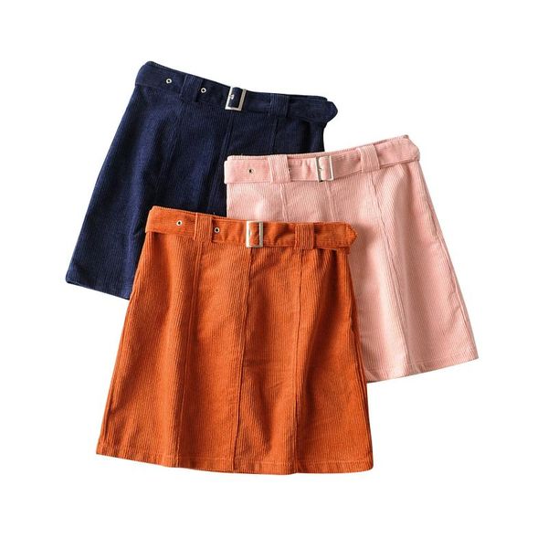 Юбки Женщины мода сплошной цветовой юбки 2021 Женская высокая талия вельветовая привязанность с поясом S/ M/ L темно-синий/ оранжевый/ розовый