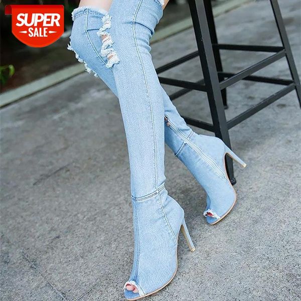 

quality denim knee high heel boots women pumps 2021 fashion open sock hip high zipper side heel winter boots women shoes #zh3h, Black
