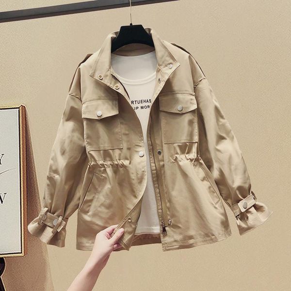 

women's trench coats windbreaker 2021 autumn korean wild loose stand-collar fashion jacket female student coat, Tan;black