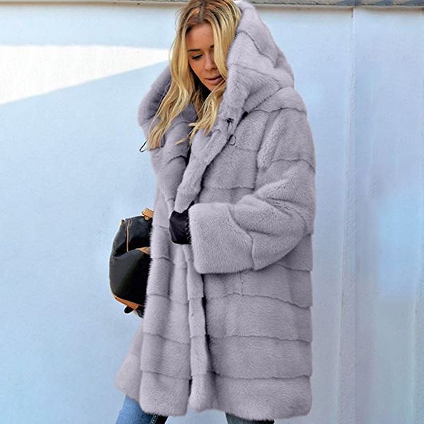 

faux fur hooded long coat warm autumn winter women long sleeve pockets velvet plus size outwear ladies long elegant overcoat, Black