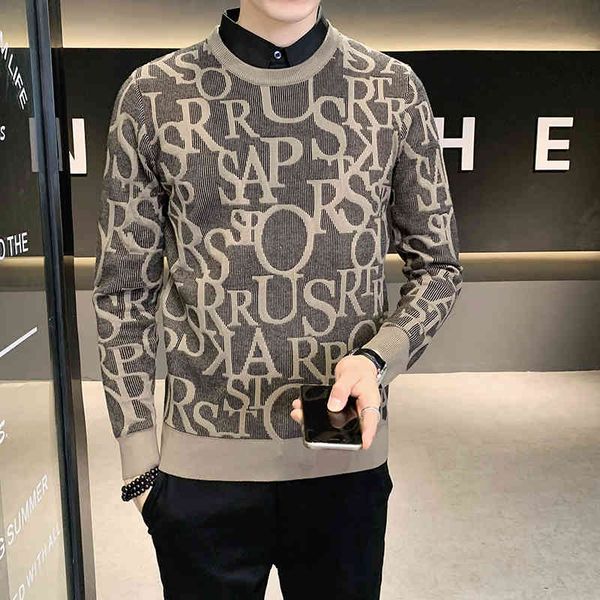 

autumn winter men shirt collar fake two-piece letter print knitted pullover sweater british casual busins clothing, Black