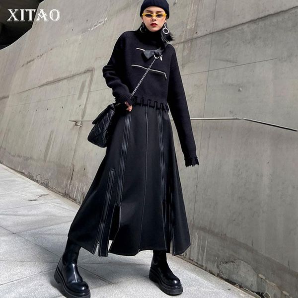 

xitao patchwork zipper solid skirt women 2021 winter casual fashion new style temperament all match high waist skirt zy2659, Black