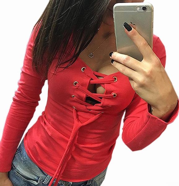 

chic bandage t shirt lace up long sleeve tshirts women deep v t-shirt spring female casual overall 5 colors, White
