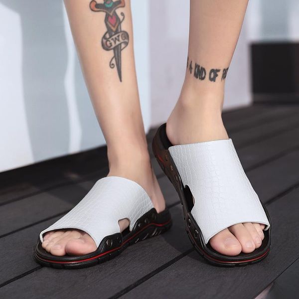 

slippers men leather big size 38-45 outdoor flat shoes beach solid color fashion slip-on, Black