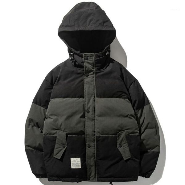 

men's jackets lacible streetwear thicken hooded cargo jacket padded men color block parka coat harajuku winter cotton hoody windbreaker, Black;brown