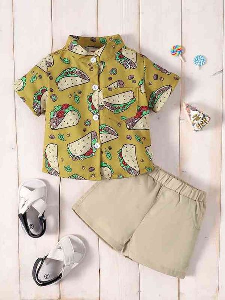 

baby food print patched pocket shirt & shorts she, White
