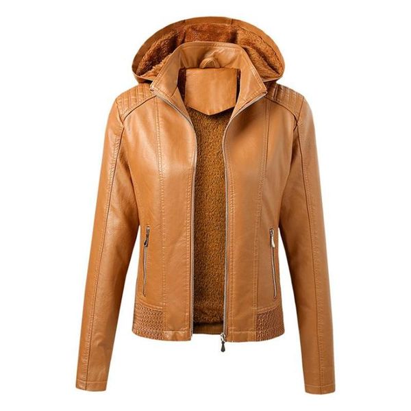 

women's leather & faux pu bomber jacket hat detachable winter coat zip-up fleece hoodies ladies hooded female windbreaker, Black