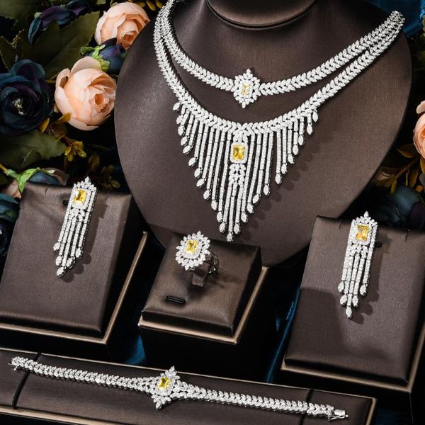 

earrings & necklace godki 4pcs tassels luxury african jewelry set for women wedding party zircon crystal dubai bridal gift, Silver