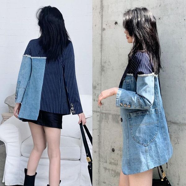 

2021 new autumn women personality suit irregular stitching denim jacket spring fashion female slim small suit blazer blazers, White;black