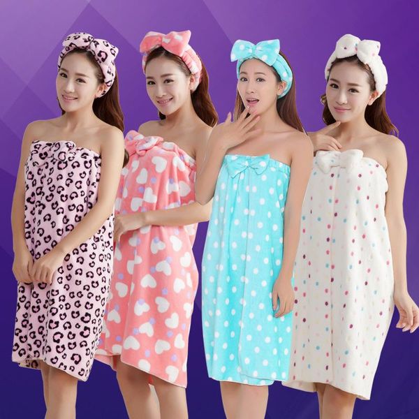 

towel 120*75cm women wearable absorbent bath towel+hair cap bathroom set bow-knot body wrap bathrobe spa skirt for adults