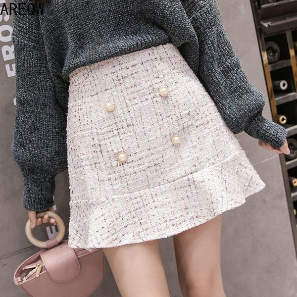

skirts 2021 style for autumn and winter ruffled double breasted tweed skirt, Black