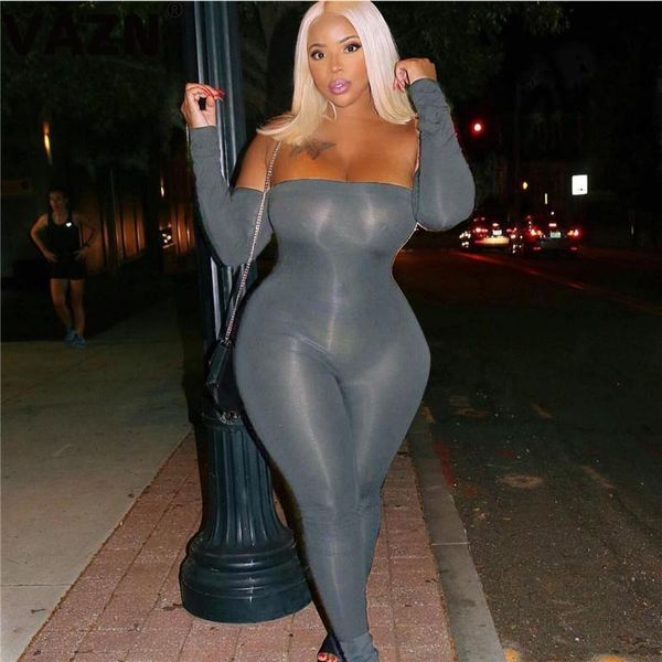 

women's jumpsuits & rompers vazn fashion 2021 spring lady 2 colors skinny solid jumpsuit full sleeve off strapless club, Black;white
