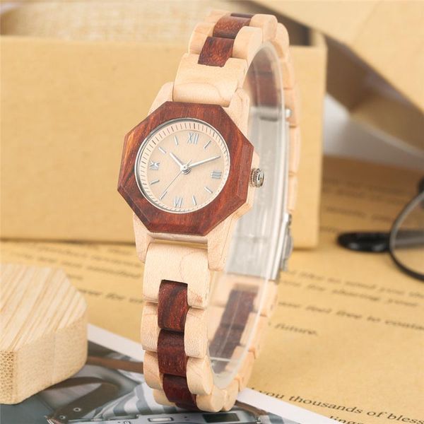 

wristwatches antique bamboo hexagon shaped dial lady wrist watches quartz analog roman number display watch full wood adjustable strap bangl, Slivery;brown