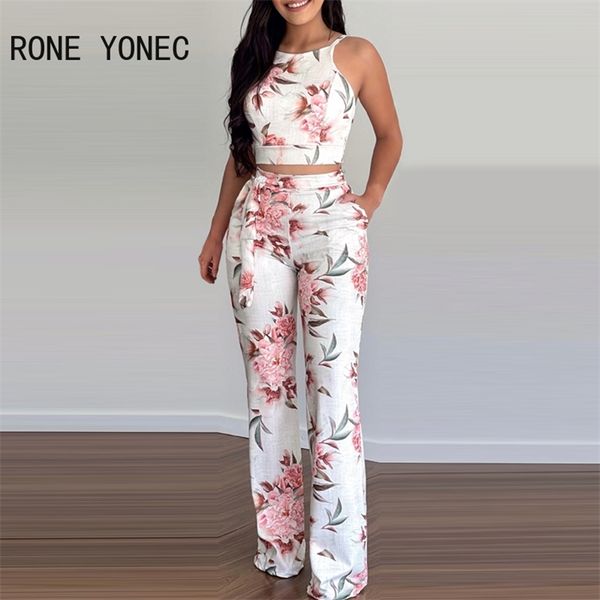 

women two pieces set floral print sleeveless & pants 211105, White