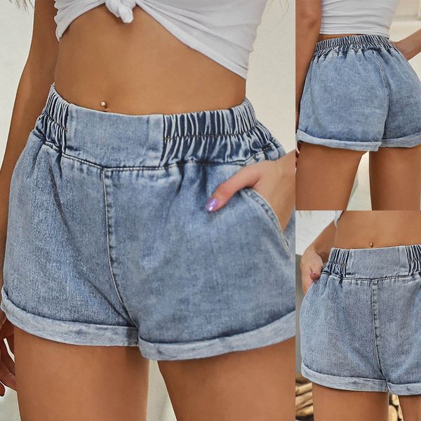

denim blue short kaki wijde pipes elastic vintage high waist shorts women summer glimlach jeans 2021