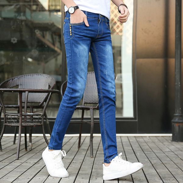

wholesale 2021 fashion jeans slim teenagers students stretch korean pencil men denim broek, Blue