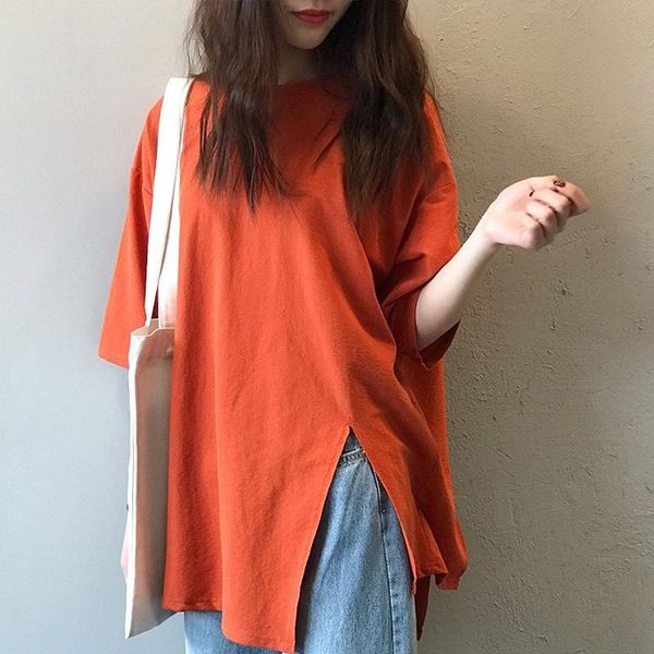 

women's t-shirt summer side split t shirt female casual asymmetry fashion ulzzang large size tshirt solid short sleeve t-shirts for wo, White