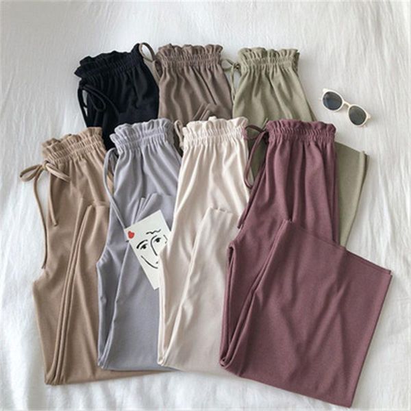 

women's pants & capris women lace with elastic waist 2021 solid trouser high hip pocket wide leg casual pantalones summer zy4783, Black;white