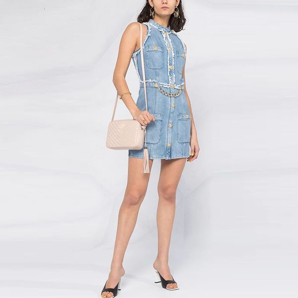 

new high street 2021 designer summer women's sleeveless tassel fringed lion buttons denim 1hnv, Black;gray