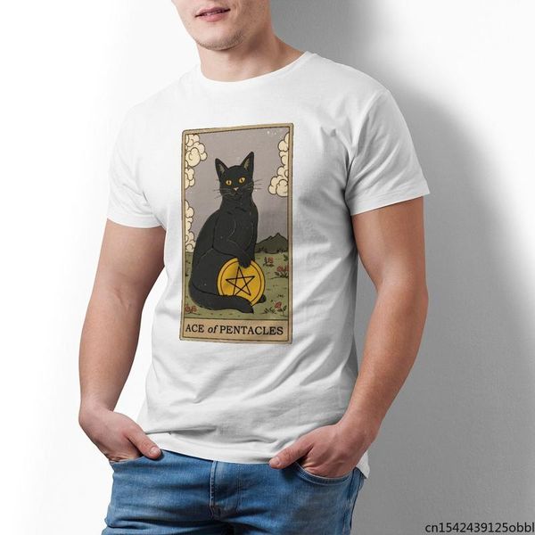 

men's t-shirts ace of pentacles cat tarot cards man t shirt print fashion summer trend kawaii graphic round neck, White;black