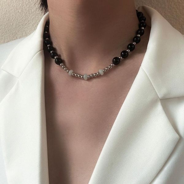

chokers trendy hip hop black white beaded splicing necklace for women men europe america exaggerate jewelry punk femme, Golden;silver
