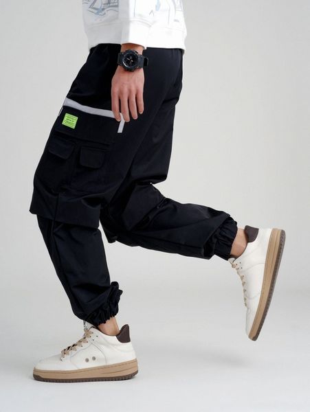 

men patch detail contrast panel cargo pants b3ti#, Black