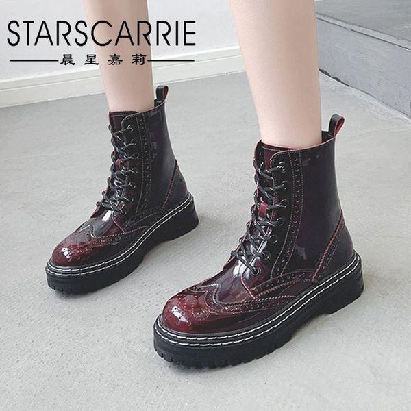 

boots women's riding 2021 korean brock casual middle tube british style mirror super fiber lace up, Black