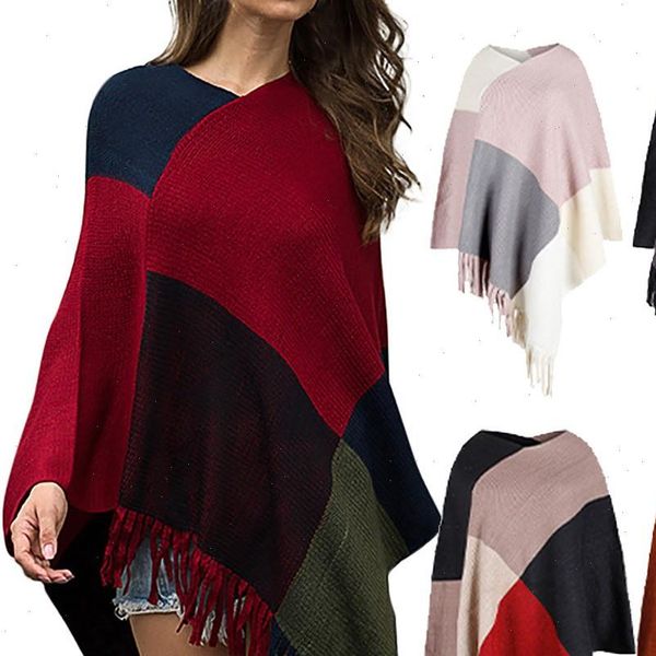 

winter plaid women sweater tassel ladies fashion v neck irregular patchwork cloak loose shawl coat, White;black
