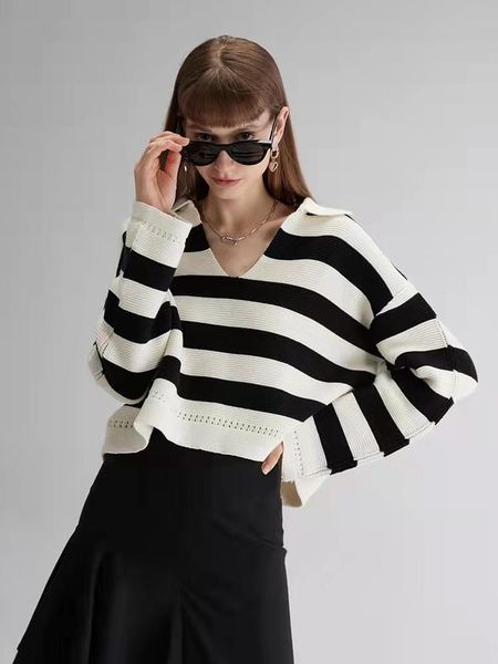 

women's sweaters autumn and winter v-neck sweater elegant fashion leisure long sleeve knitted stripe pullover lazy style, White;black