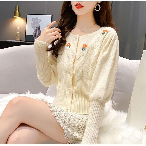 

women's knits & tees spring autumn cardigan women casual vintage loose solid embroidery long sleeve single breasted knitted cropped swe, White