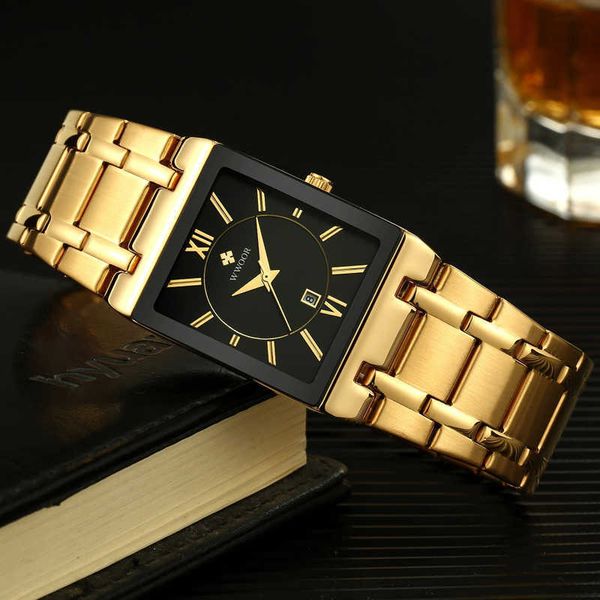

wwoor men square watches luxury gold black quartz wristwatch for man full steel waterproof automatic date relogio masculino 210527, Slivery;brown