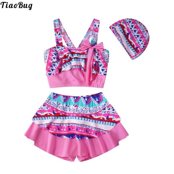 

one-pieces tiaobug summer 3pcs kids girls boho pattern print swimming suit straps ruffle trim bowknot adorned crop with skirt and hat, Black