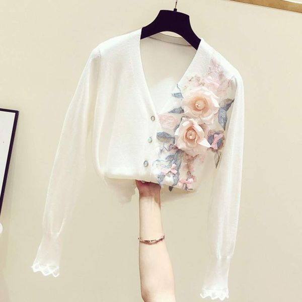 

2021 new spring korean hand-embroidered flower style with long sleeve cleavage cardigan women's wool sweater mesh 8hyx, White;black