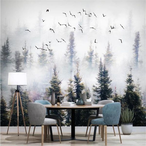 

wallpapers milofi custom 3d large wall paper chinese style hand-painted pine forest cloud bird tv background painting