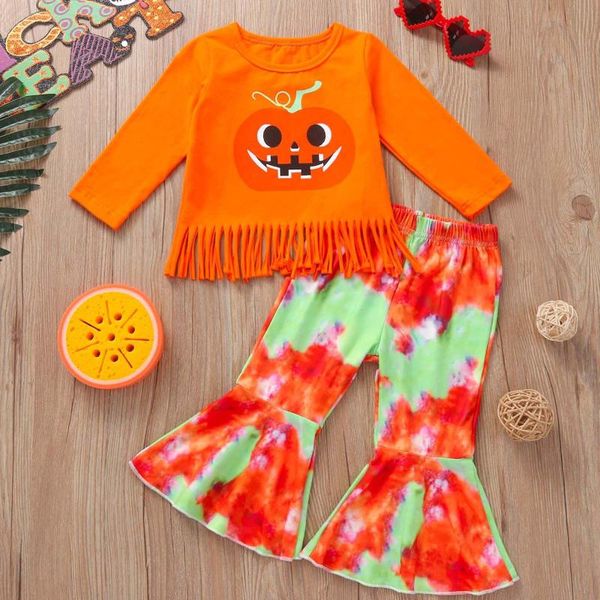 

clothing sets kids clothes girls toddler halloween pumpkin long sleeve flared pants suit autumn roupa infantil menina, White