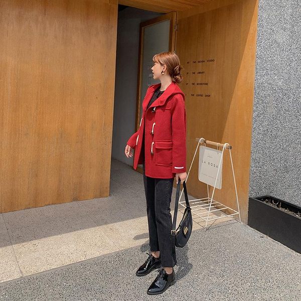 

women's wool & blends autumn 2021 korean cattle horn button casual short hooded 100% coat women double sided loose woolen overcoat, Black