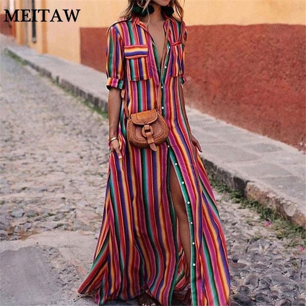 

casual dresses 2021 summer split beach long sleeve v neck bohemian maxi dress vintage stripe print party vestidos, Black;gray