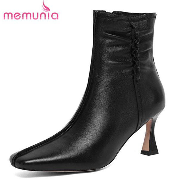 

boots memunia 2021 genuine leather ankle women square toe zipper pleated autumn winter dress shoes, Black