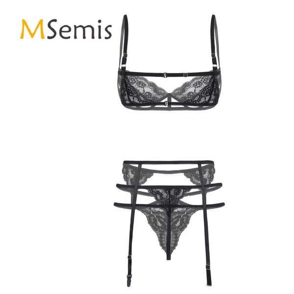 

womens lace lingerie suit underwear adjustable shoulder strap underwired unlined bra with strappy g-string garter belt underwear