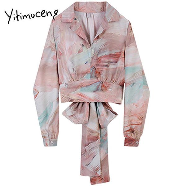 

yitimuceng print bow lace up blouse women shirts slim spring fashion clothes notched long sleeve single breasted 210601, White