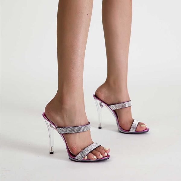 

elling designer 2022 summer women slippers fashion one word horizontal with crystal heel high-heel party shoes, Black