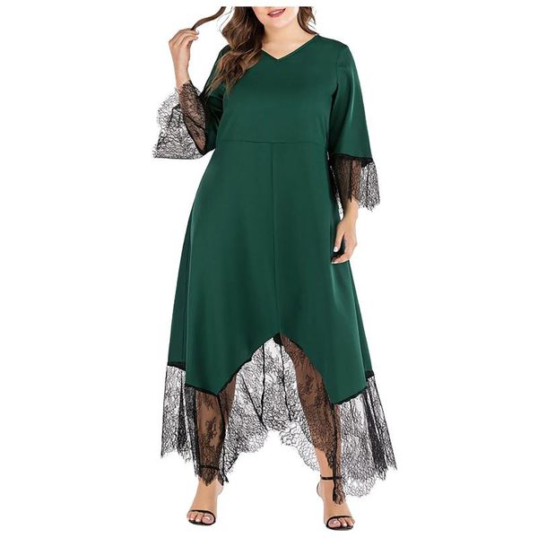 

casual dresses plus size summer women's dress long flare sleeve solid lace v neck maxi elegant evening party vestidos, Black;gray