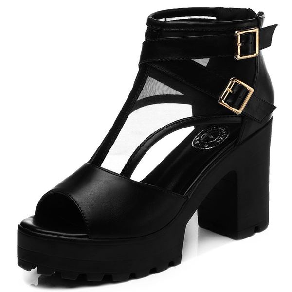 

dress shoes women heel sandals hollow out mesh peep toe chunky with strap black spring summer party white