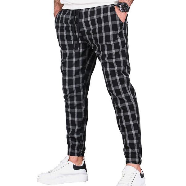 

men's pants plaid stripe decorative tether jogging casual sports pants, Black
