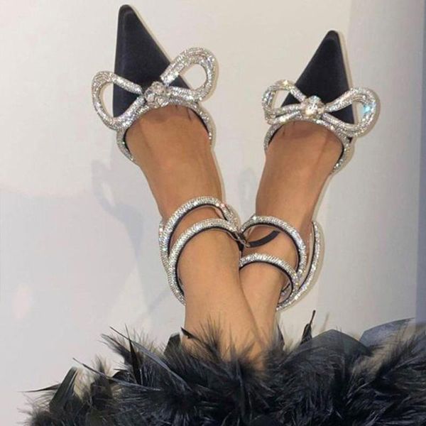 

brand design fashion shoes women butterfly-knot crystal pointed toe ankle straps slik wedding party high heels shoes, Black