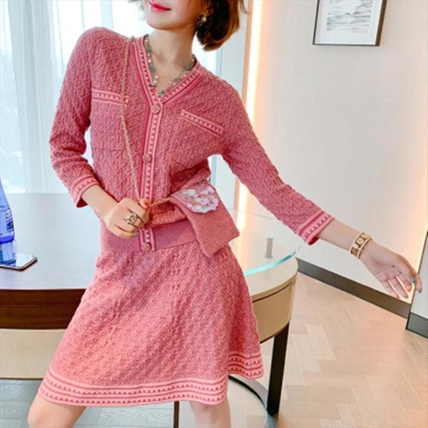 

chic knitted jacquard skirt 2 womens dresses piece set elegant v collar cardigan sweater elastic force a line autumn, White