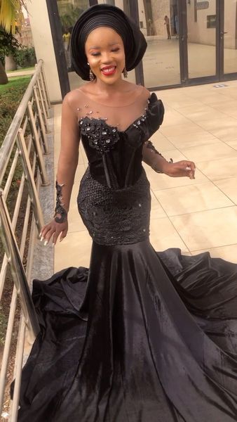 

elegant black evening dresses long sleeves mermaid lace crystals beaded velvet circle long train aso ebi prom gown, Black;red