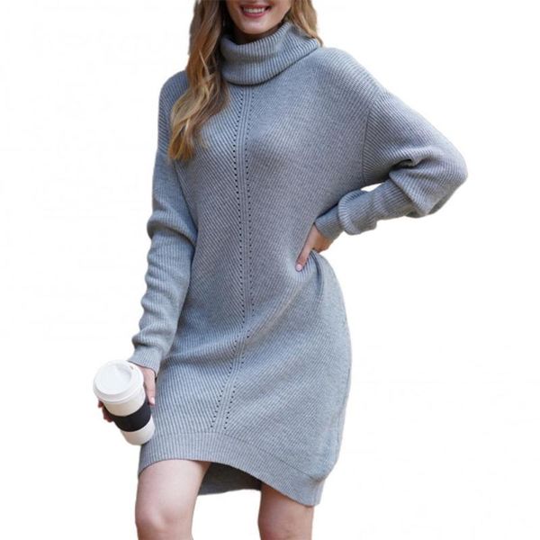 

casual dresses winter women sweater long sleeve turtleneck solid color pullover knitted dress turtle neck mini, Black;gray