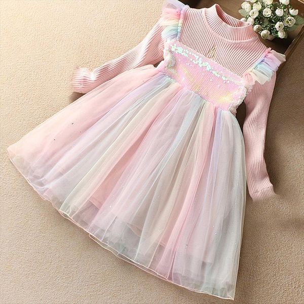 

spring and autumn childrens girl dresses wear princess unicorn print knitted sweater mesh dress star sequin, Red;yellow